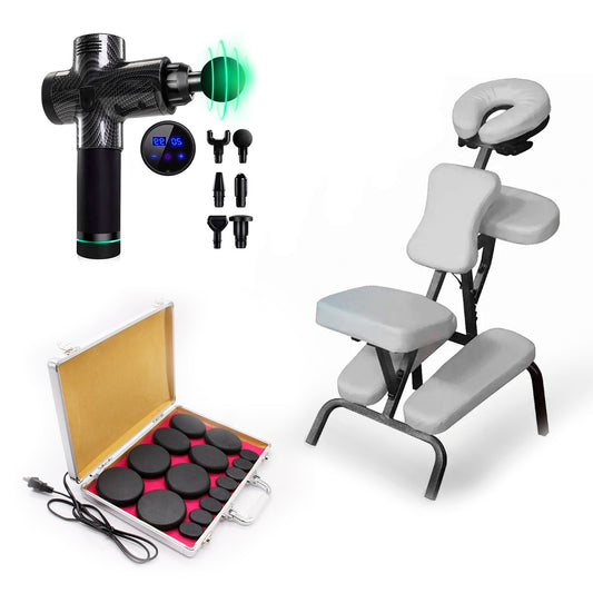 PACK MASOTERAPIA: Silla Spa + Piedra Caliente + Pistola de Masajes