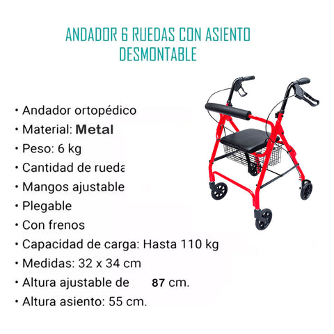 Andador Adulto Ortopédico Plegable C/ruedas Frenos Asiento